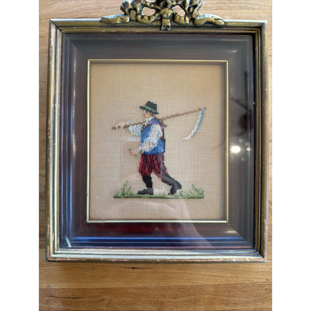 Vintage‎ Framed Needlepoint Folk Art Peasant Figure Decorative Frame 5"x5.5" Art